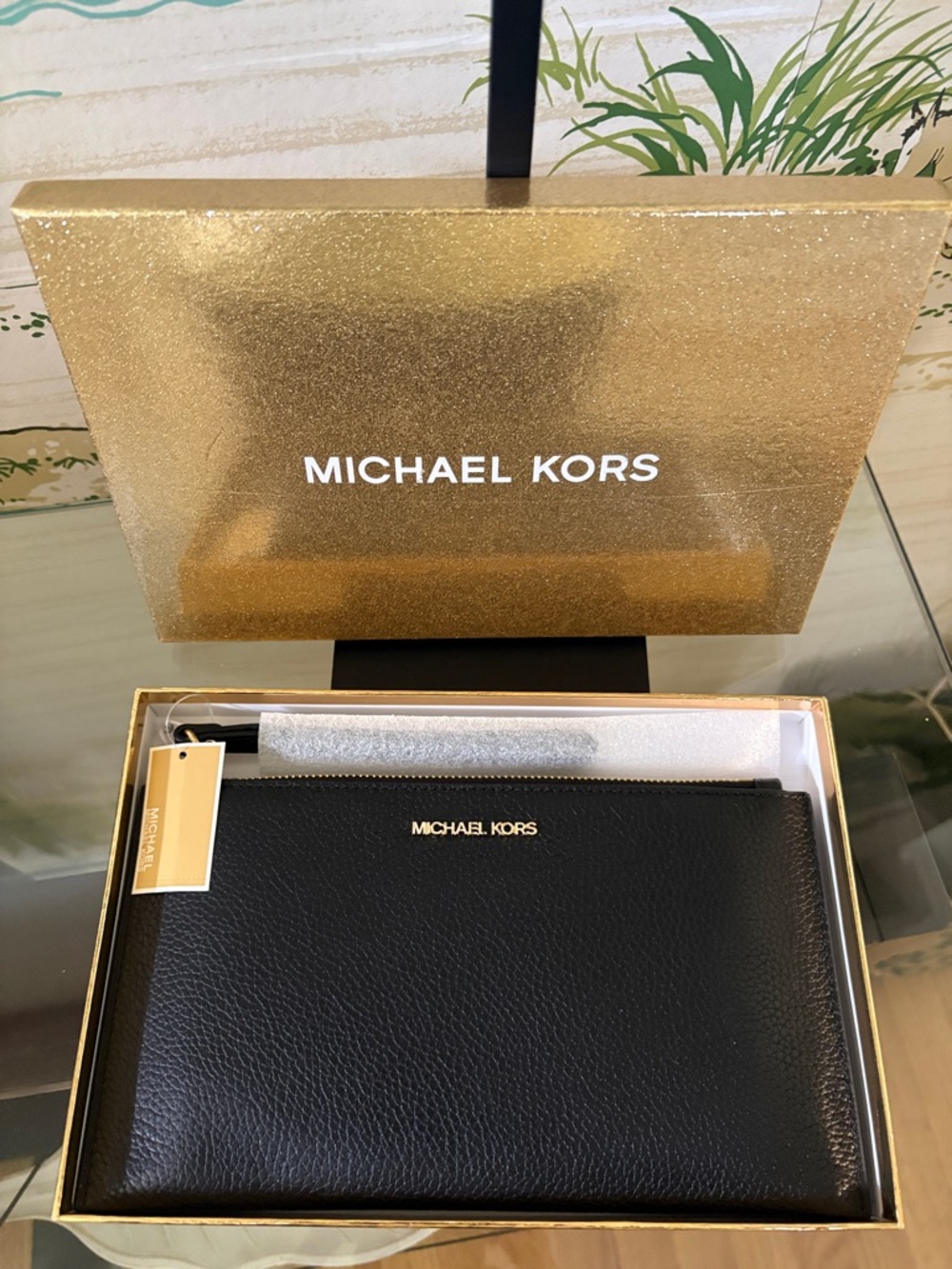 MICHAEL KORS Black Pebbled Leather Jet Set Travel Large Top Zip Wristlet NIB